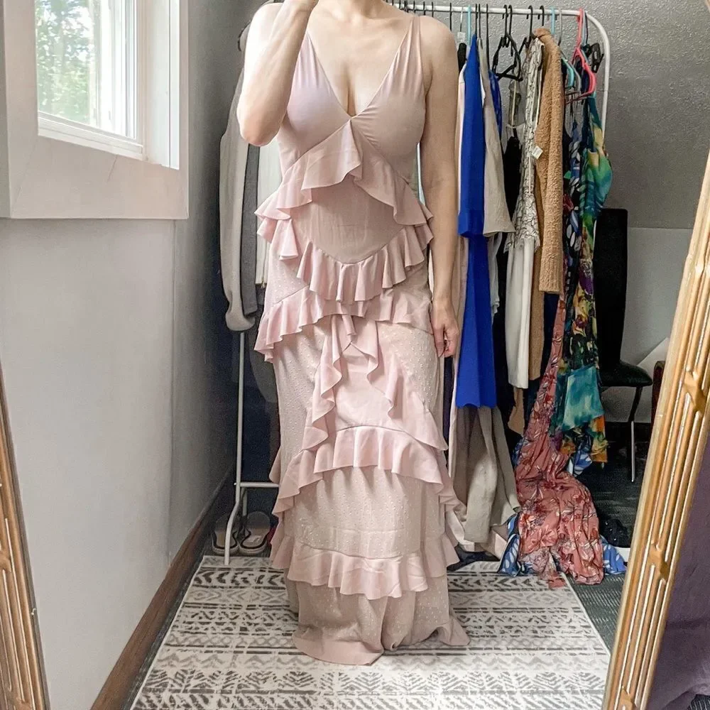 h&m tiered maxi dress H&MTieredMaxi DressRufflePowderPinkSleeveless6